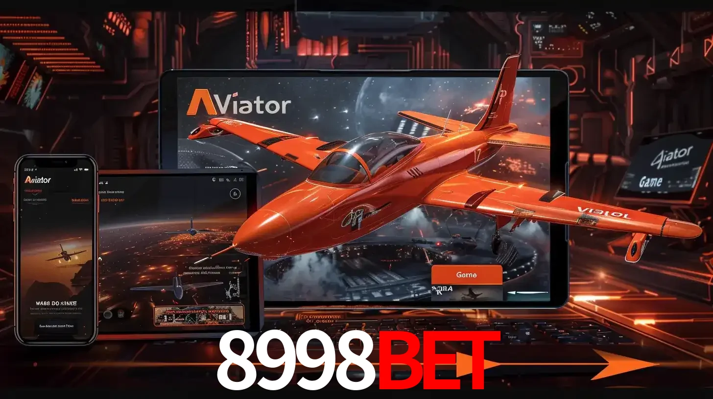 Apresentação tecnológica do jogo Aviator com um avião saindo da tela de um tablet, demonstrando a experiência imersiva em múltiplos dispositivos no 8998BET.