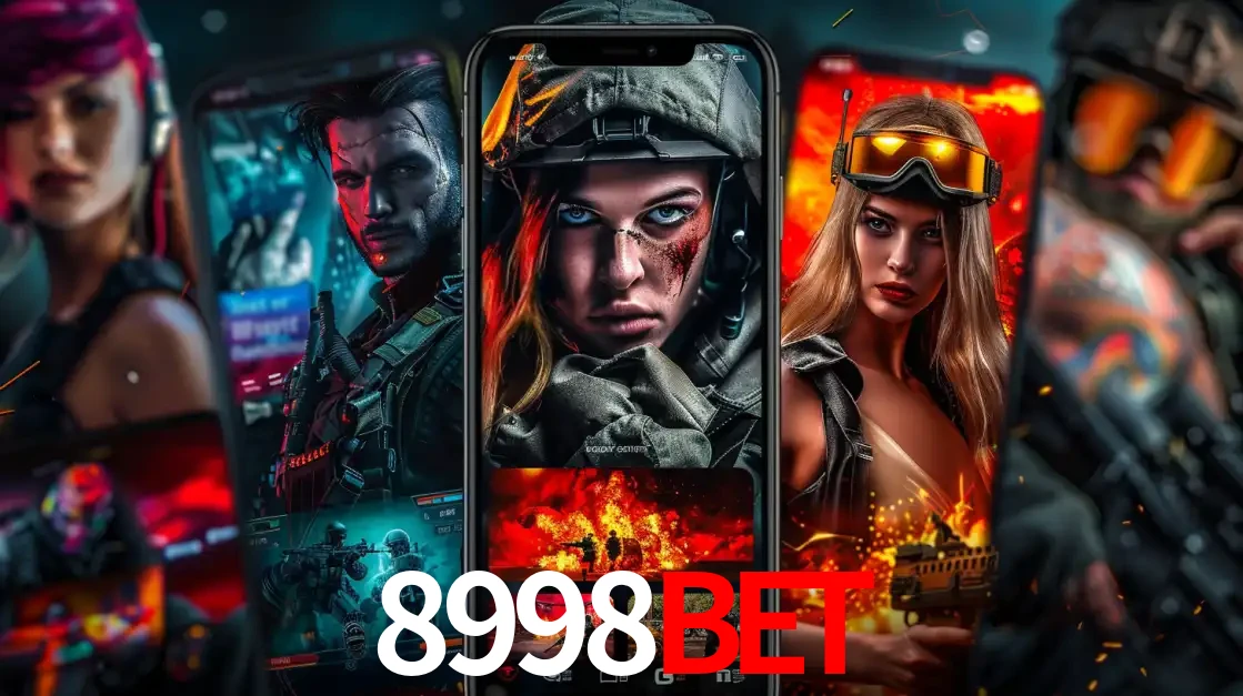 Montagem de telas de celular mostrando diversos personagens, masculinos e femininos, de um jogo de tiro, ilustrando a diversidade de equipes de e-sports para apostar no 8998BET.