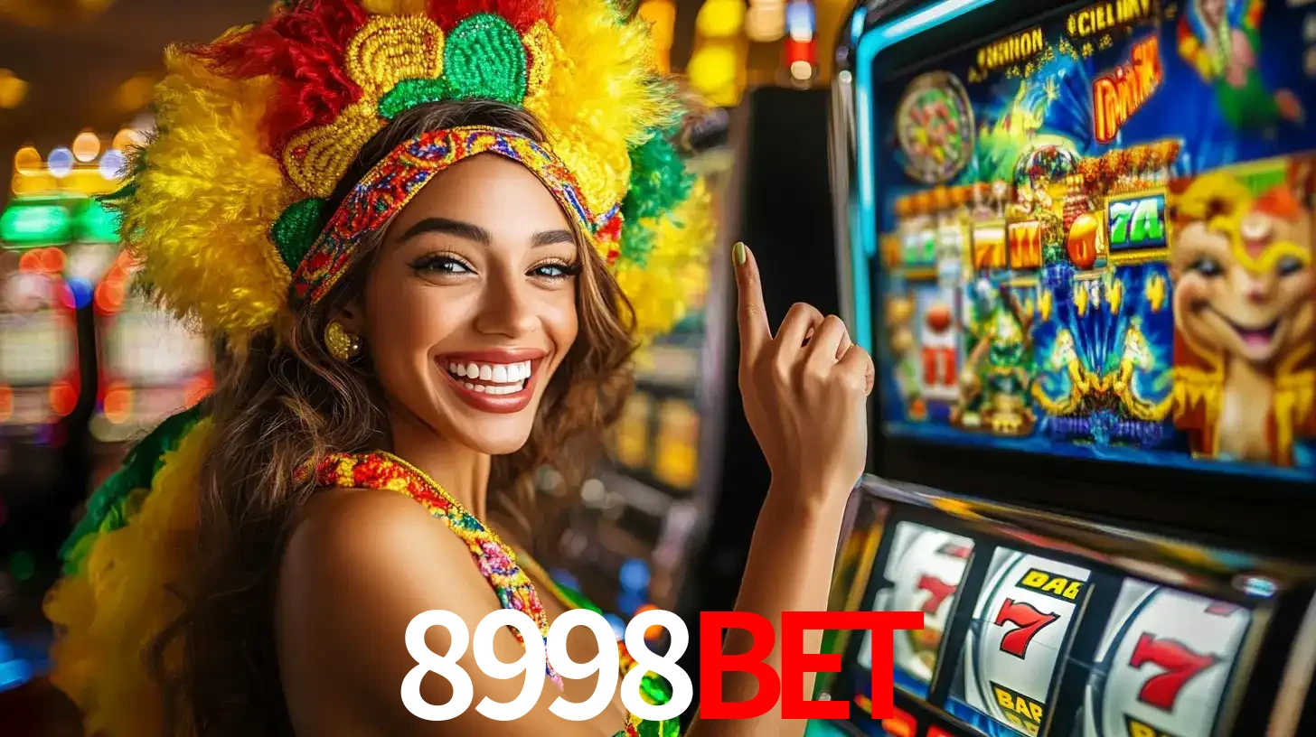 Mulher animada com um cocar de carnaval apontando para uma máquina de caça-níqueis, mostrando a emoção de ganhar um grande prêmio nos jogos do 8998BET.