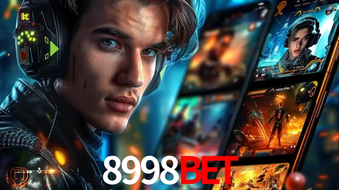 Jovem jogador com fones de ouvido olhando para a câmera, com um aplicativo de jogos e e-sports para celular ao fundo, pronto para a competição e apostas no 8998BET.