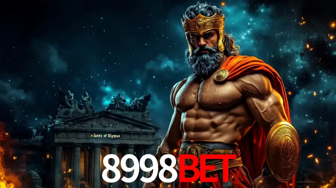O poderoso Zeus do jogo de slot Gates of Olympus em frente ao seu templo, pronto para lançar multiplicadores divinos e prêmios épicos no cassino online 8998BET.