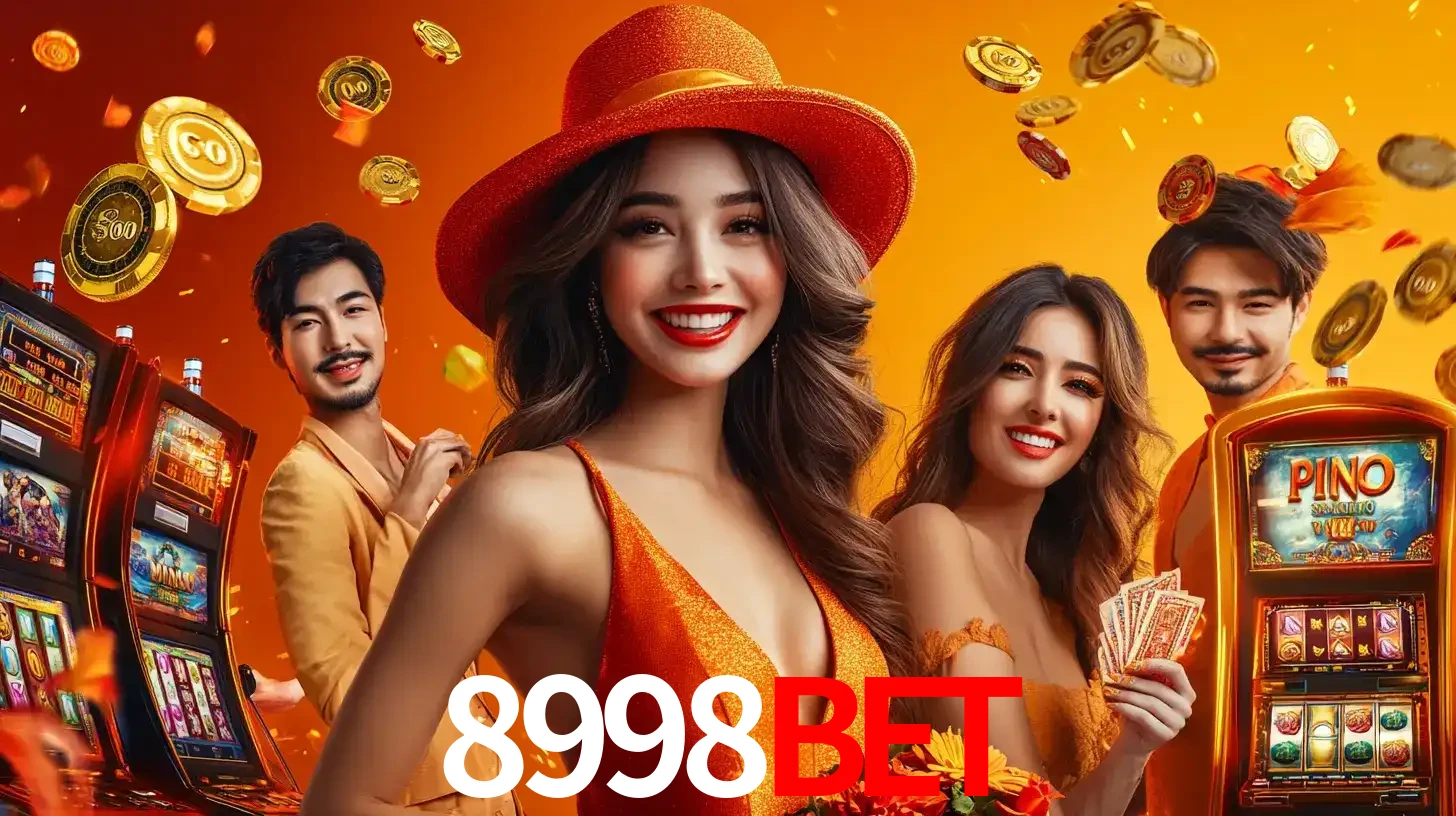 Grupo de amigos asiáticos sorrindo e se divertindo com máquinas de caça-níqueis em um ambiente festivo, celebrando suas vitórias nos jogos de cassino do 8998BET.