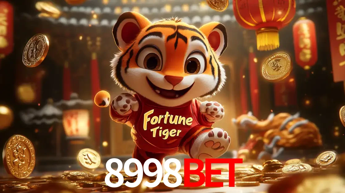 O alegre personagem do Fortune Tiger correndo sobre um caminho de moedas de ouro, simbolizando os grandes prêmios e a diversão do popular jogo de slot do 8998BET.