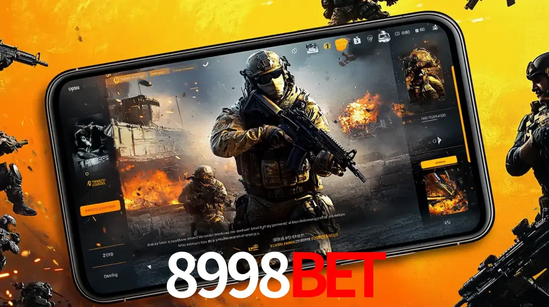 Um smartphone exibindo a interface de um jogo de tiro em primeira pessoa, com um soldado em um cenário de batalha, representando a ação dos e-sports para apostar no 8998BET.