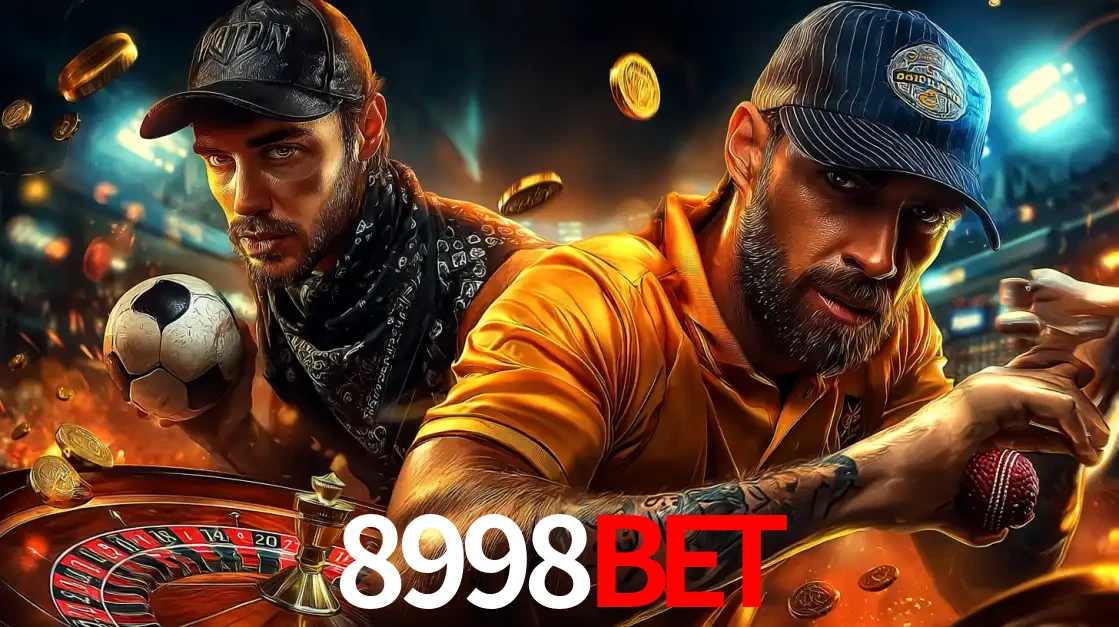 Montagem de apostas esportivas e cassino no 8998BET, com um homem segurando uma bola de futebol e outro uma de beisebol sobre uma roleta e moedas voadoras.