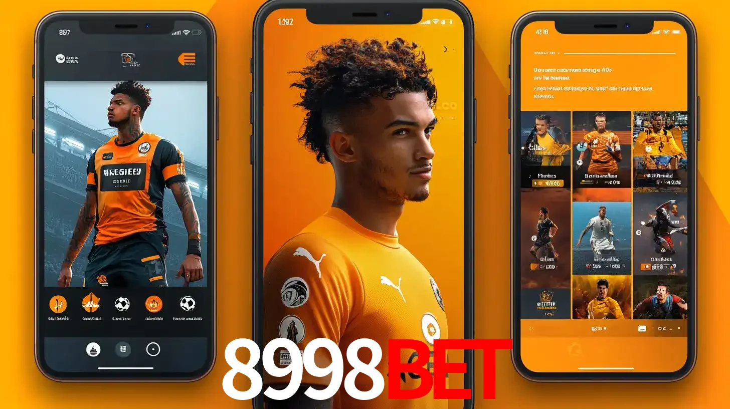 Interface do aplicativo de apostas esportivas 8998BET em três telas de celular, mostrando o perfil de um jogador de futebol e a lista de jogos disponíveis para apostar.