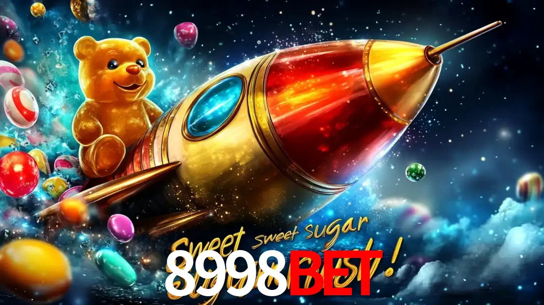 Arte promocional do jogo de slot Sugar Rush, com um urso de pelúcia em um foguete viajando pelo espaço de doces, um dos jogos divertidos disponíveis no cassino 8998BET.
