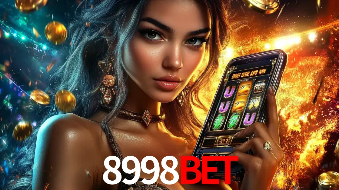 Mulher elegante mostrando um jogo de caça-níqueis em seu smartphone, destacando a experiência de cassino móvel oferecida pelo aplicativo 8998BET.