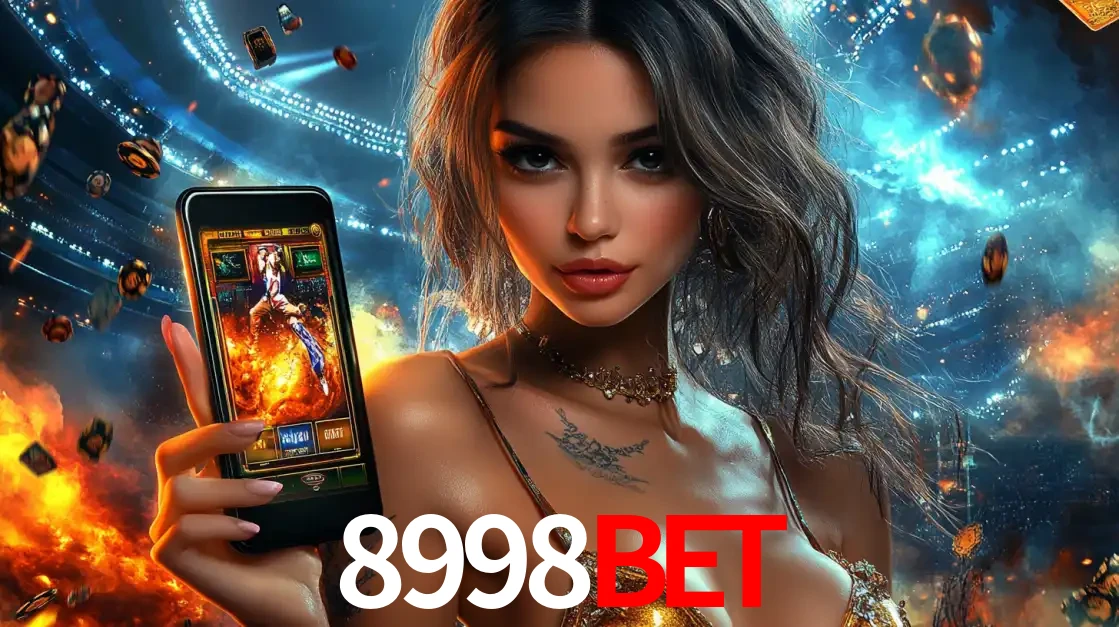 Mulher segurando um celular com um jogo de slot em destaque, tendo como fundo um estádio vibrante, simbolizando a emoção de jogar no cassino móvel 8998BET.