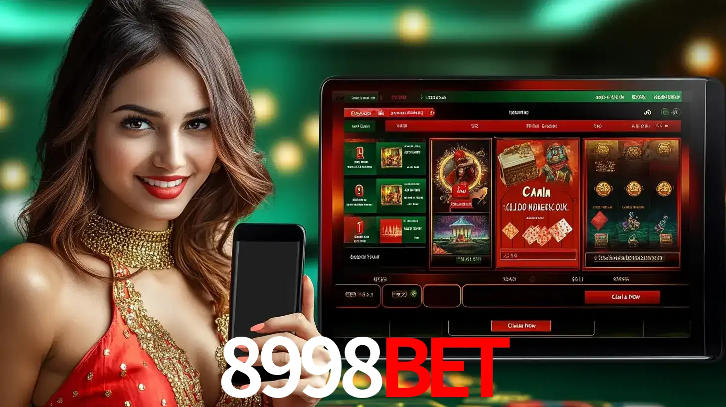 Mulher sorridente segurando um smartphone, ao lado de uma tela exibindo o lobby de jogos do cassino online 8998BET, com várias opções de jogos de cartas e slots.